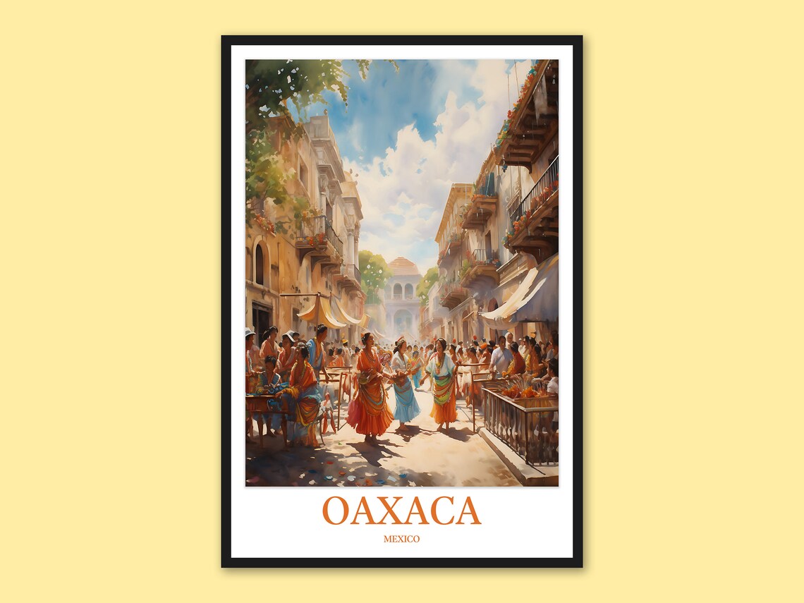 Oaxaca Mexico Street Festival Poster, Colorful Watercolor Travel Art