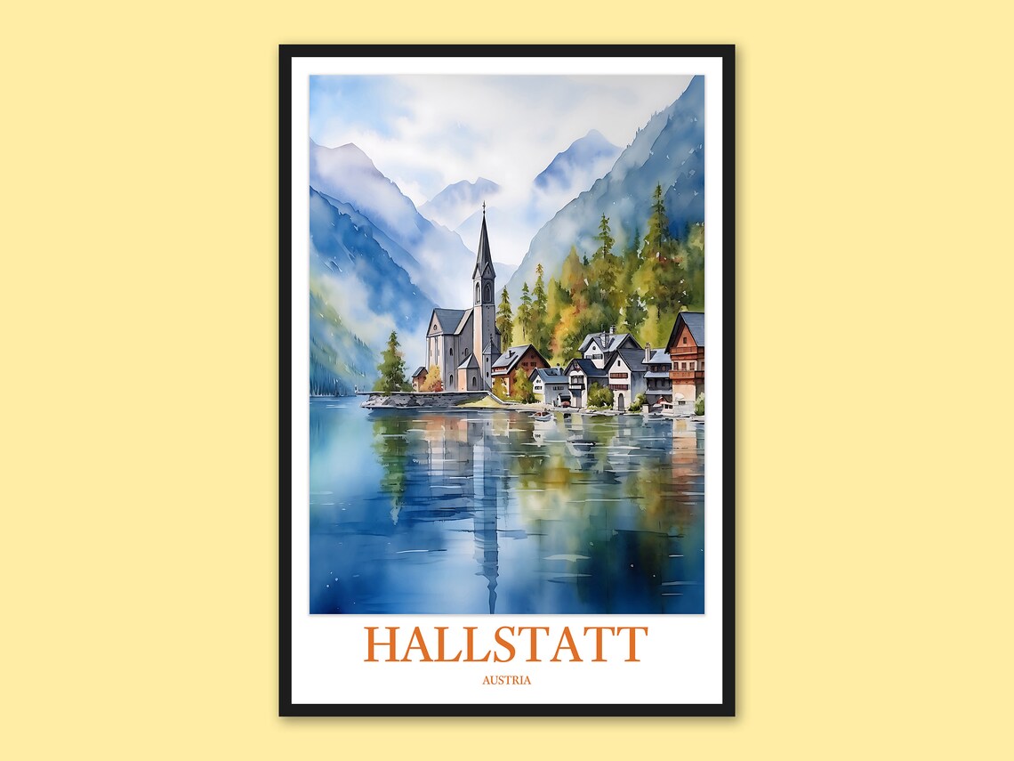 Hallstatt Austria Lakeside Village Church Watercolor Travel Poster