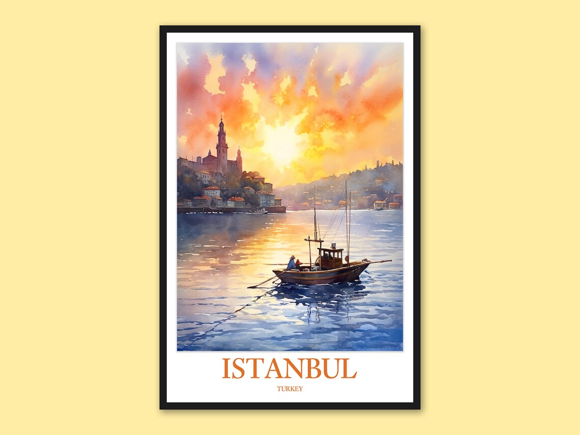 Istanbul Bosphorus Sunset Watercolor Galata Tower Fishing Boat Poster