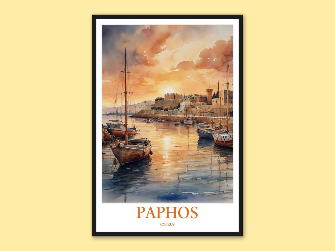 Paphos Cyprus Sunset Harbor Boats Old Town Watercolor Poster