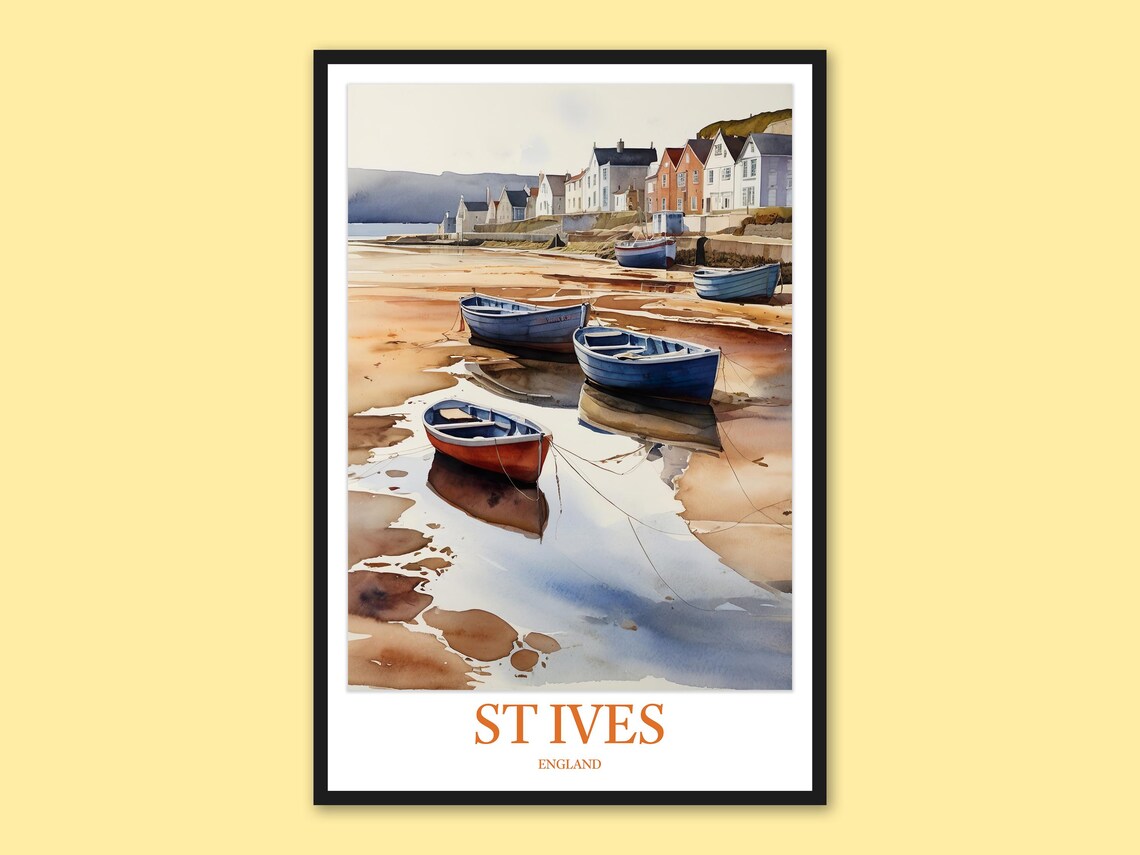 St Ives England Blue Rowboats Tide Pool Watercolor Travel Poster