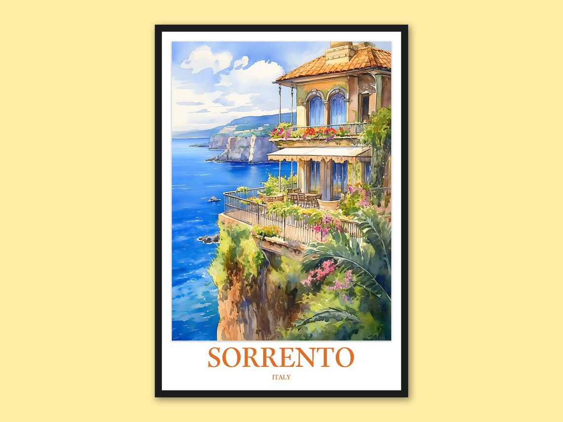 Sorrento Italy Terrace Villa Cliffside Watercolor Travel Poster