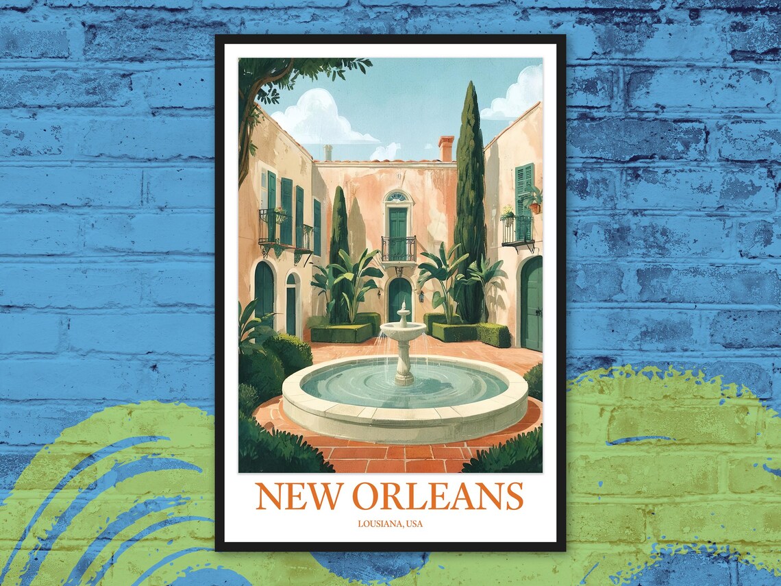 New Orleans French Quarter Courtyard Fountain Illustration Poster