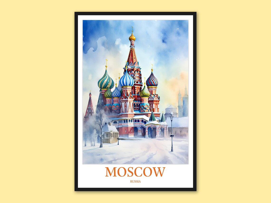 Moscow Saint Basil's Cathedral Snowy Watercolor Travel Poster