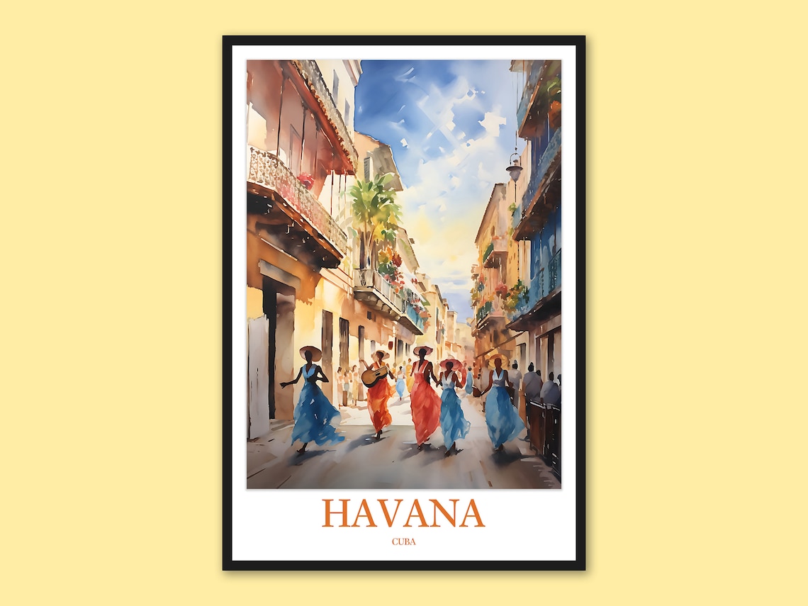 Havana Cuba Street Dancers Colorful Dresses Watercolor Travel Poster