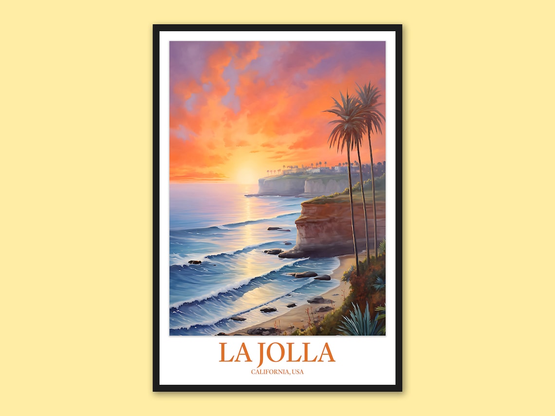 La Jolla California Palm Cliff Sunset Beach Watercolor Coastal Travel Poster