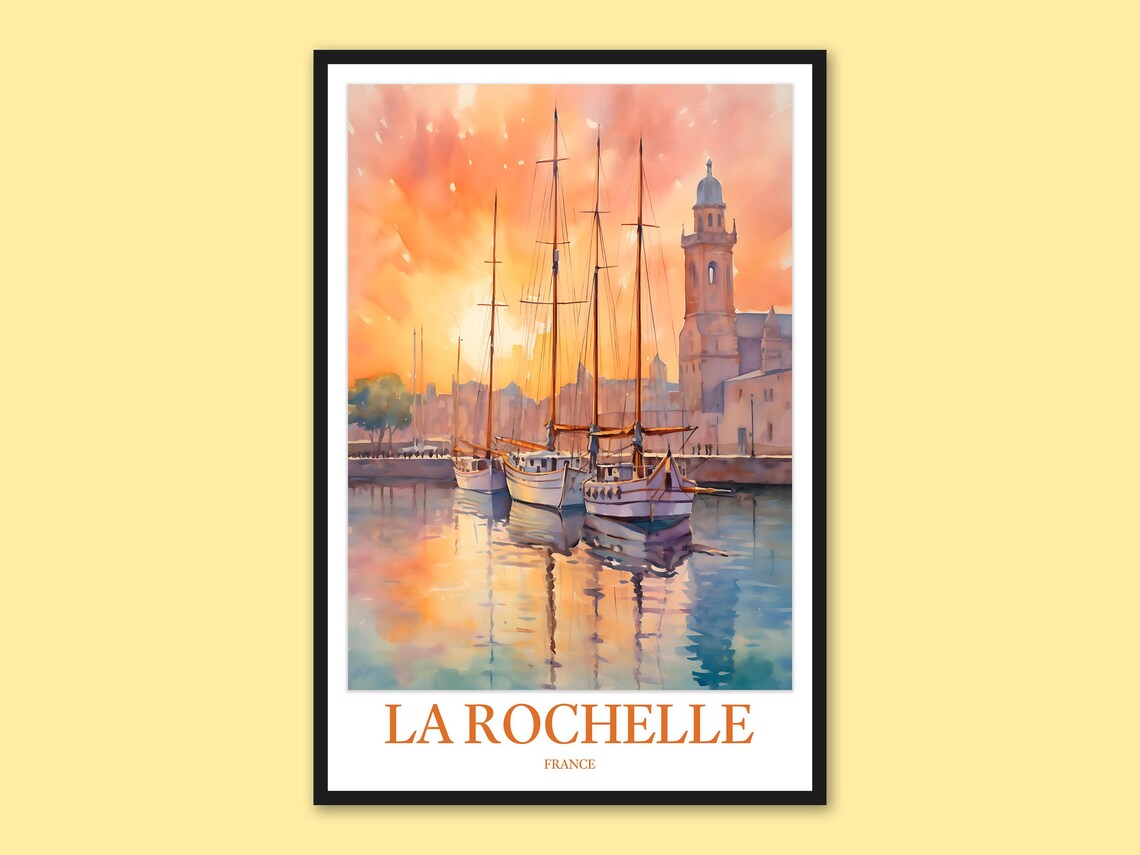 La Rochelle France Sunset Harbor Sailboats Watercolor Travel Poster