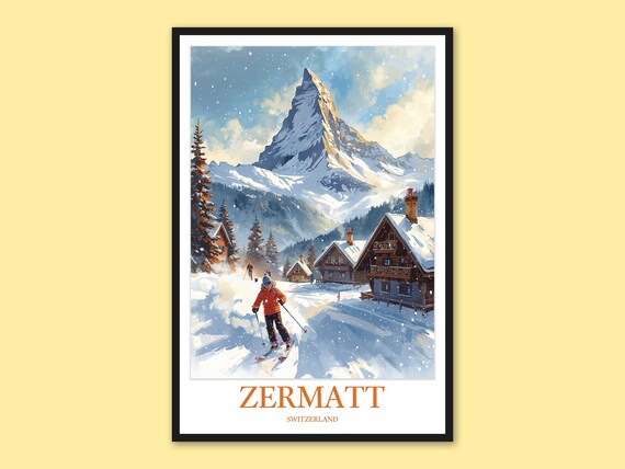 Zermatt Switzerland Matterhorn Skier Winter Village Travel Poster