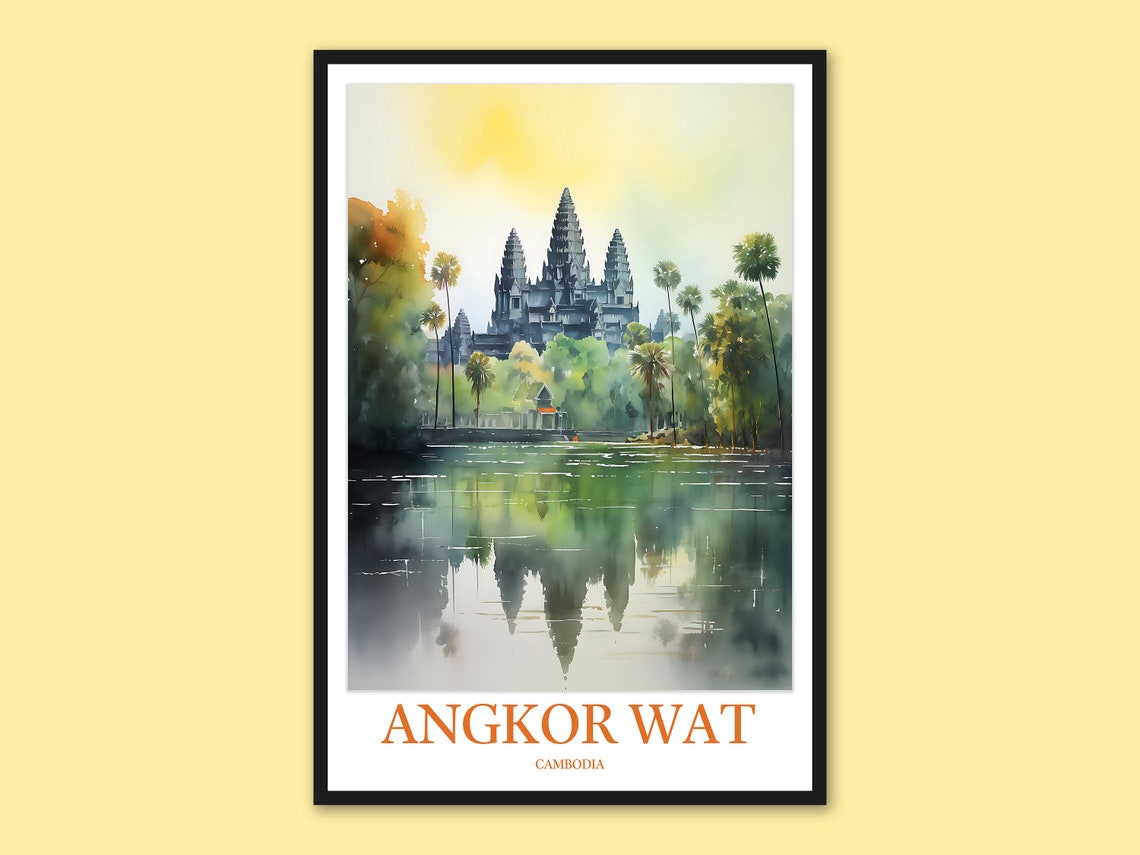 Angkor Wat Cambodia Misty Daylight Reflection Watercolor Travel Poster