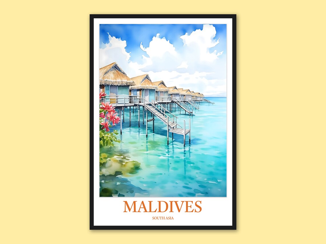 Maldives Overwater Bungalows Daytime Pink Flowers Travel Poster