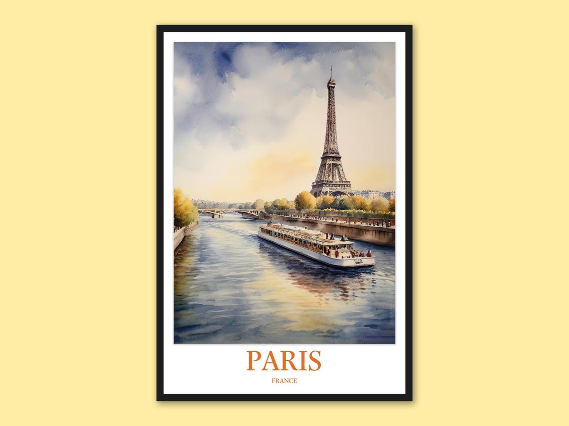 Paris Eiffel Tower Daytime Seine Cruise Watercolor Travel Poster