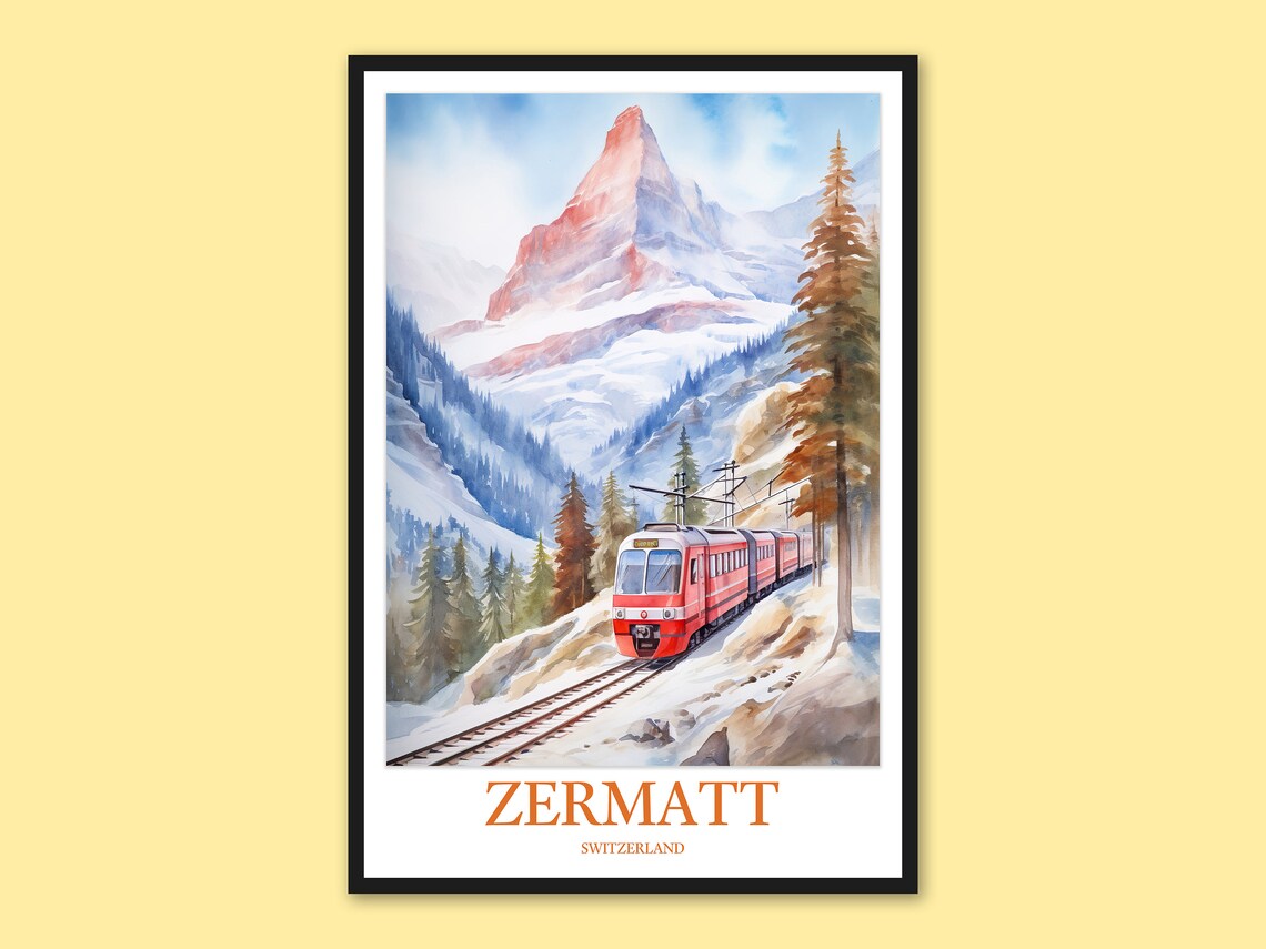 Zermatt Red Train Through Snowy Valley Winter Watercolor Poster