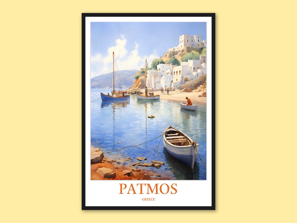 Patmos Greece Coastal Village Boats Watercolor Travel Poster