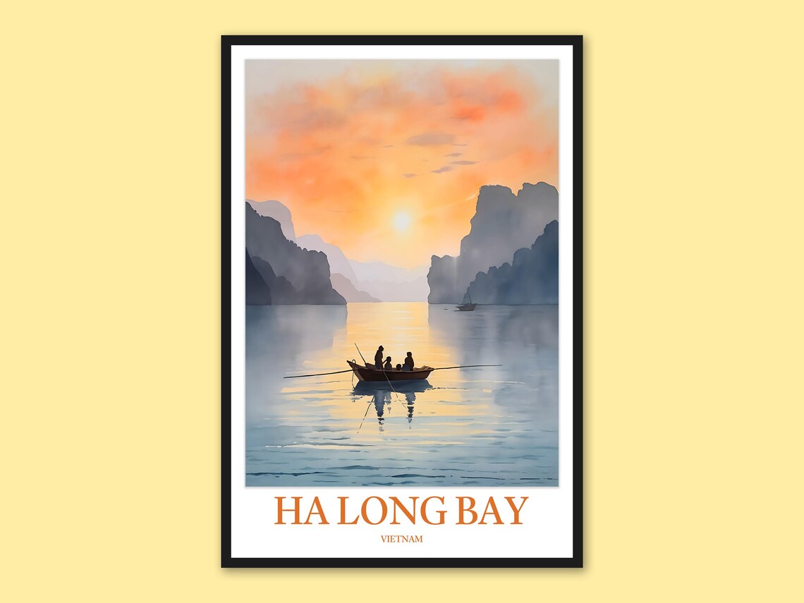 Ha Long Bay Vietnam Orange Sunset Rowers Karst Travel Poster