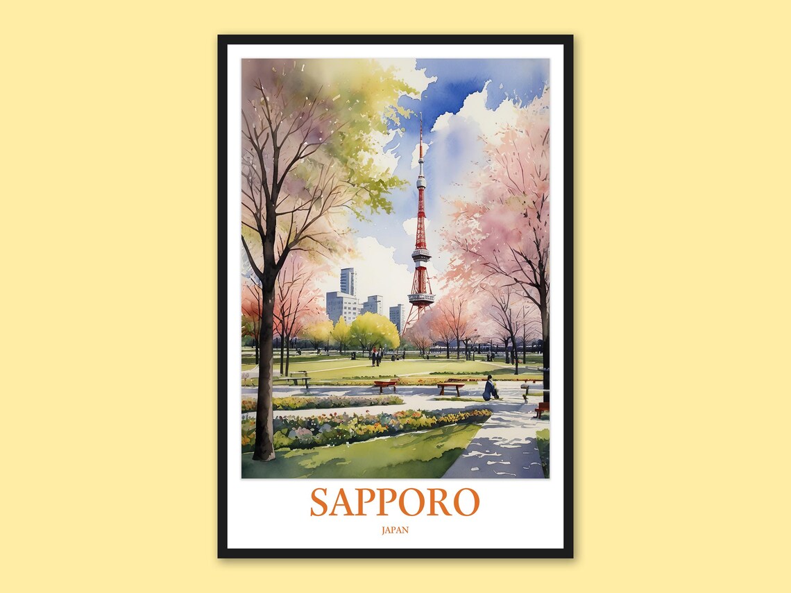 Sapporo Japan TV Tower Spring Cherry Blossoms Park Watercolor Poster