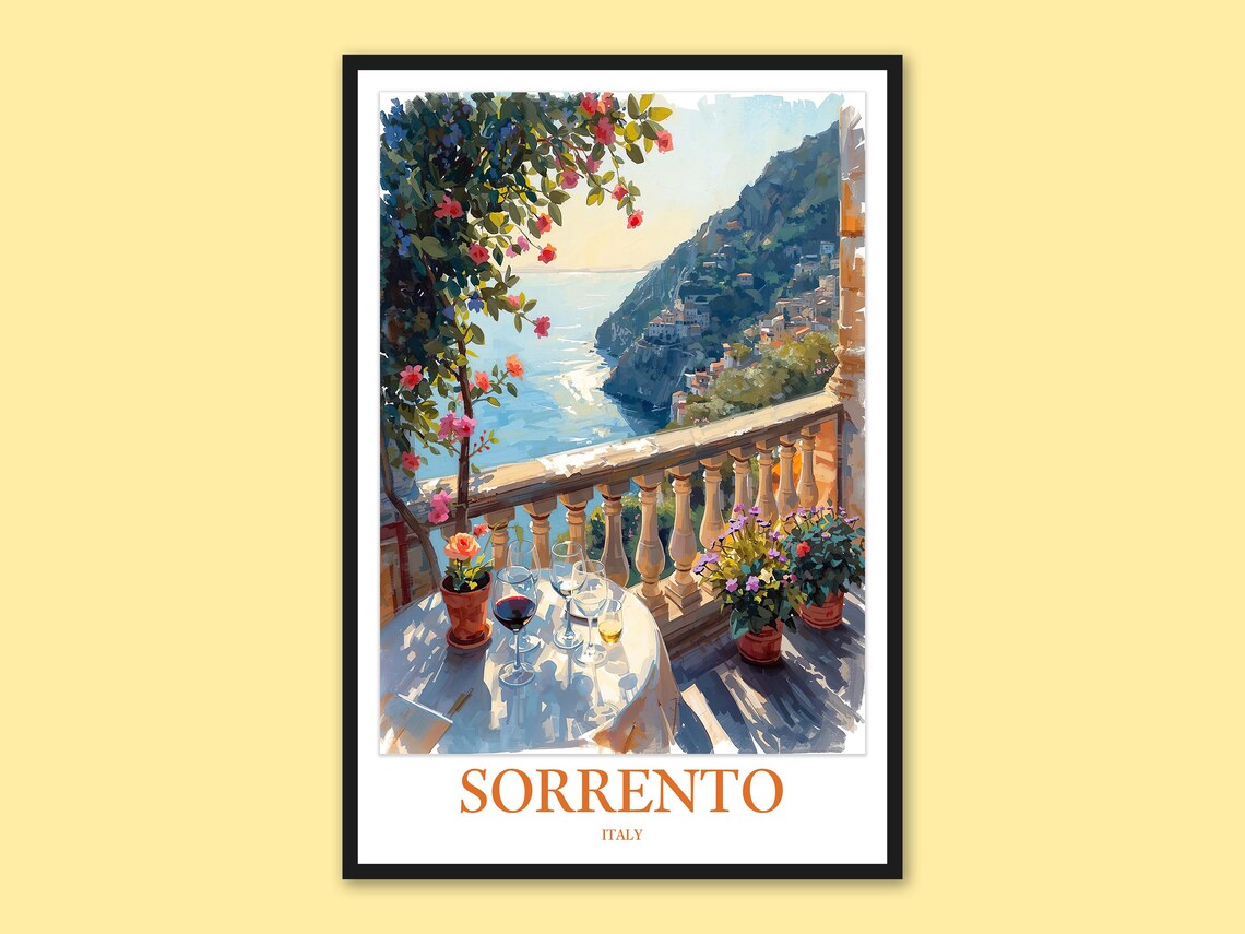 Sorrento Italy Sunlit Terrace Wine Glasses Coast View Poster