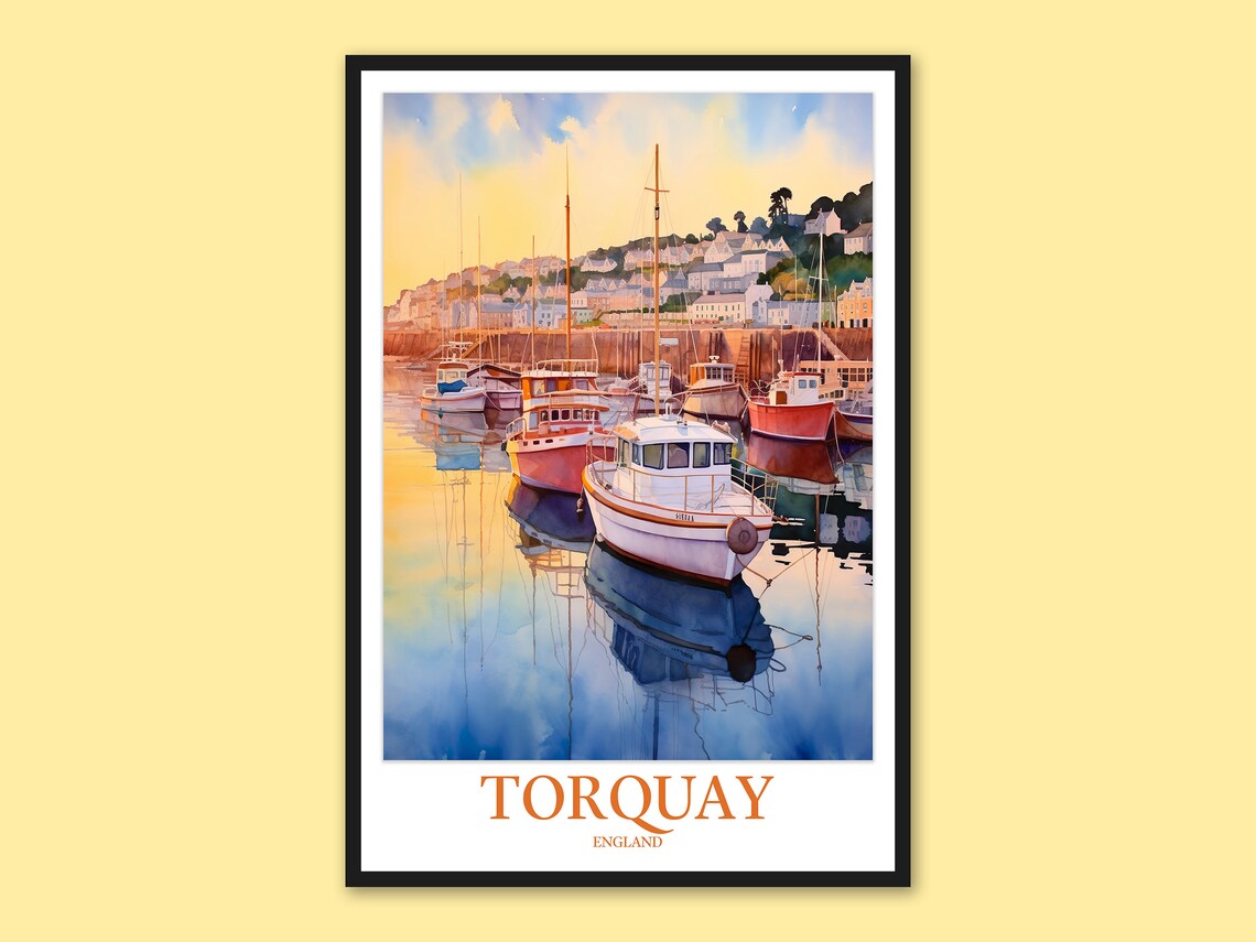 Torquay Harbour Fishing Boats Golden Sunset Watercolor Poster