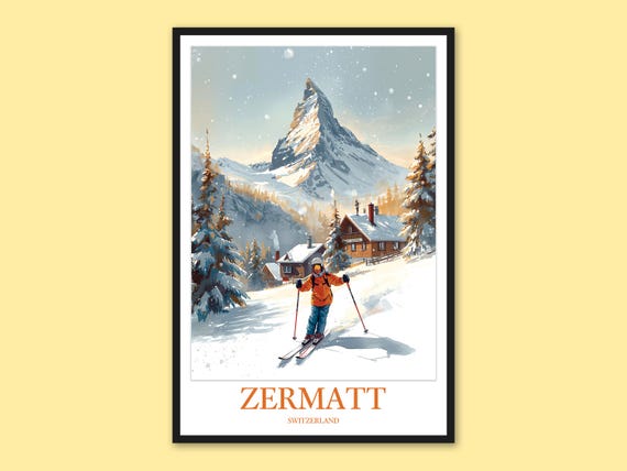 Zermatt Skiing Print Winter Ski Resort Wall Art