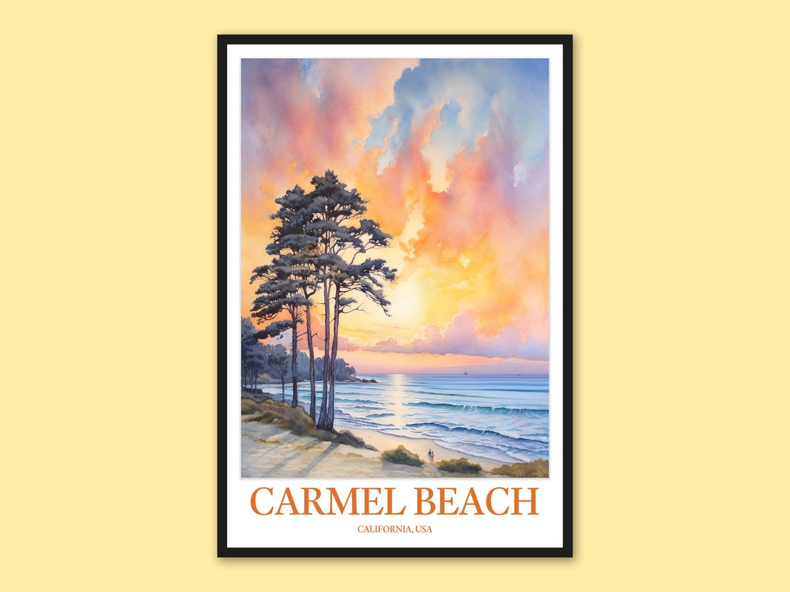 Carmel Beach California Cypress Trees Golden Sunset Travel Poster