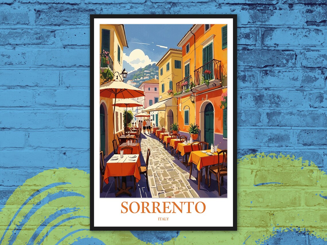 Sorrento Italy Cobblestone Street Orange Cafes Travel Poster