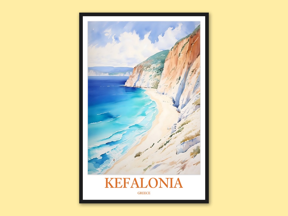 Kefalonia Greece Turquoise Cliff Beach Cove Watercolor Poster