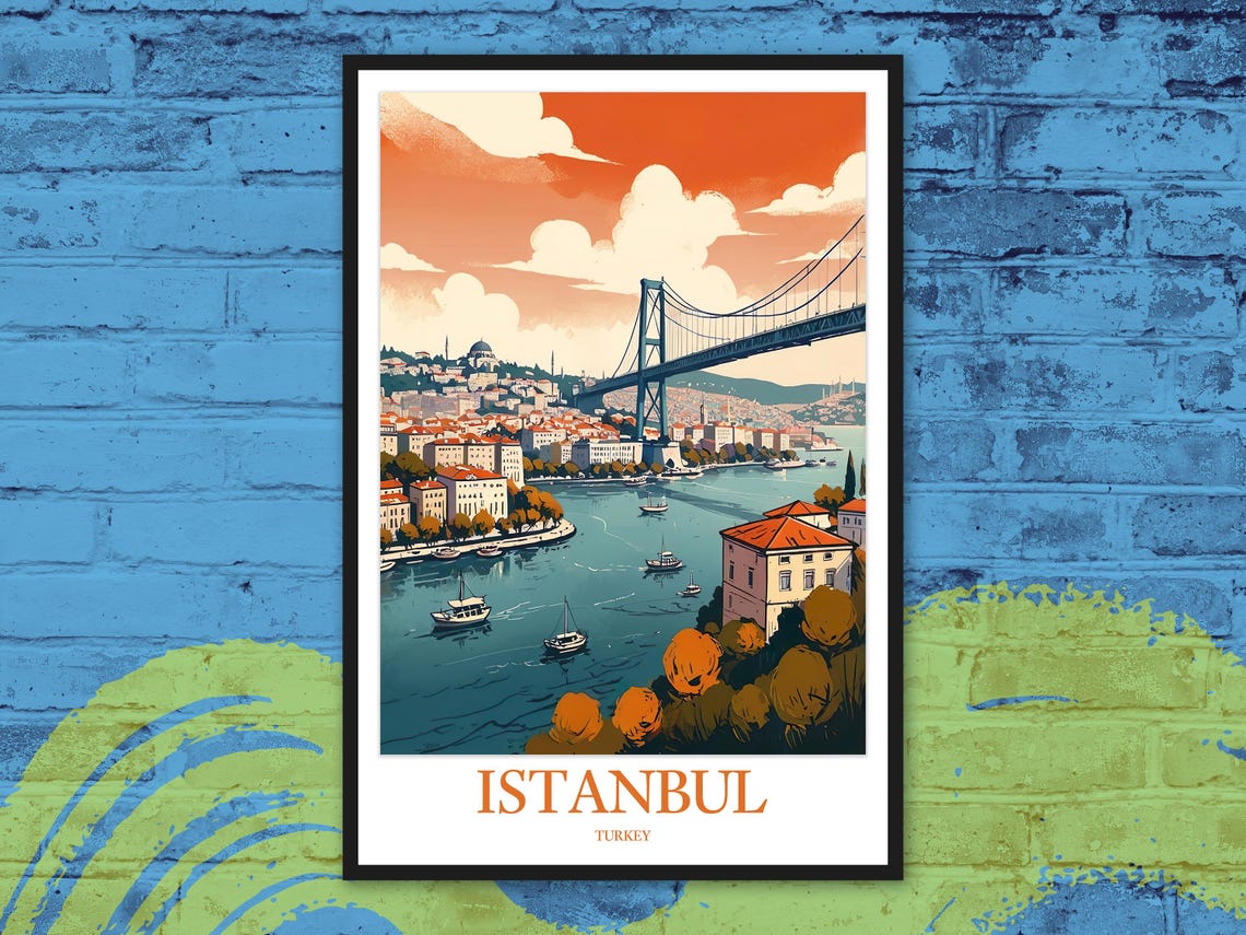 Istanbul Bosphorus Bridge Vivid Orange Sunset Travel Art Poster