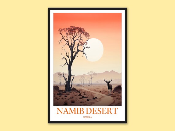 Namib Desert Namibia Sunset Poster with Dead Tree Silhouette and Antelope