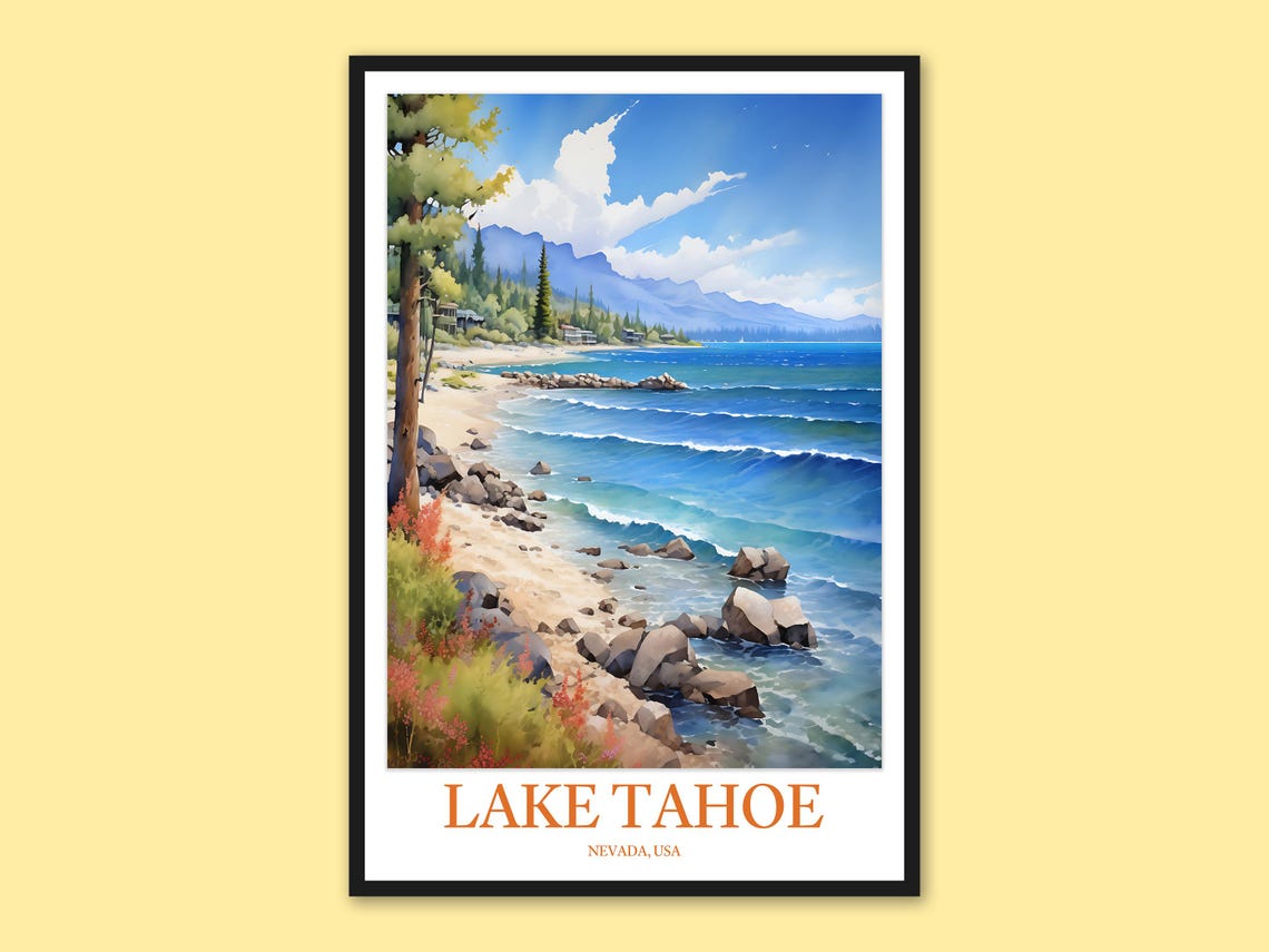 Lake Tahoe Sunny Rocky Shoreline Wildflowers Nevada Travel Poster