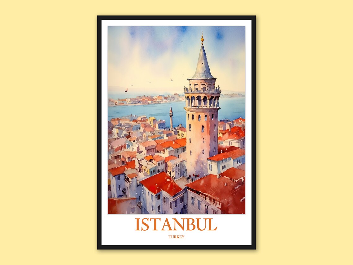 Istanbul Galata Tower Watercolor Rooftops Turkey Travel Poster