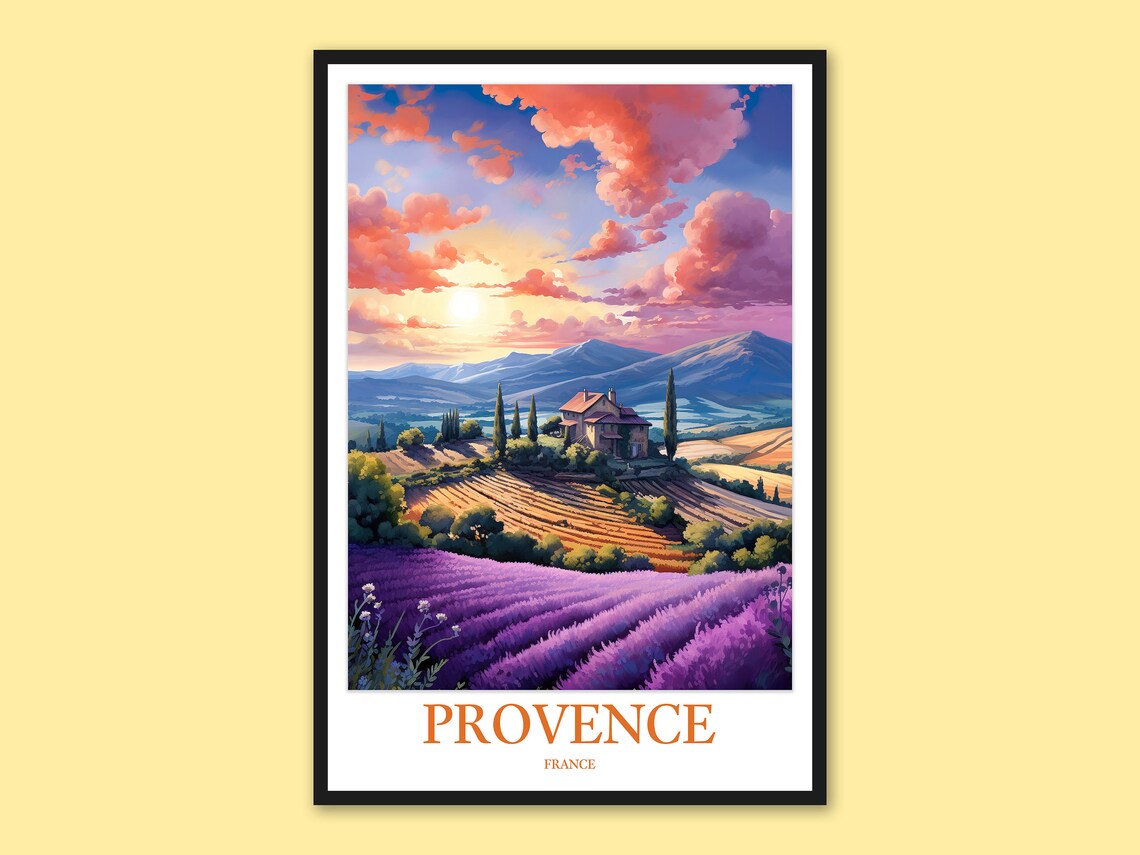 Provence France Lavender Field Sunset Countryside Travel Poster
