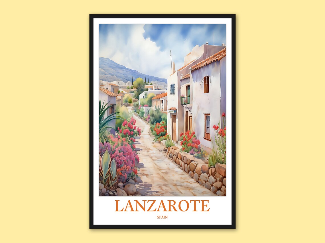 Lanzarote Spain Flower Lined Village Path Watercolor Travel Poster
