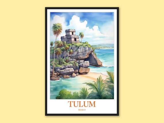 Tulum Travel Poster Mayan Ruins Turquoise Caribbean Sea Framed Option