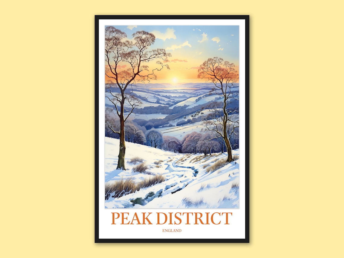 Peak District Snowy Sunrise Winter Poster, England Hills Travel Art