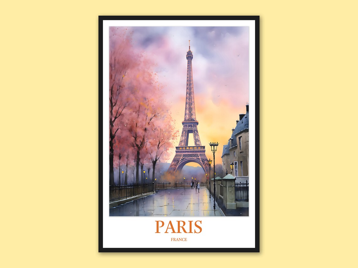 Paris France Eiffel Tower Dusk Pink Sky Watercolor Travel Poster