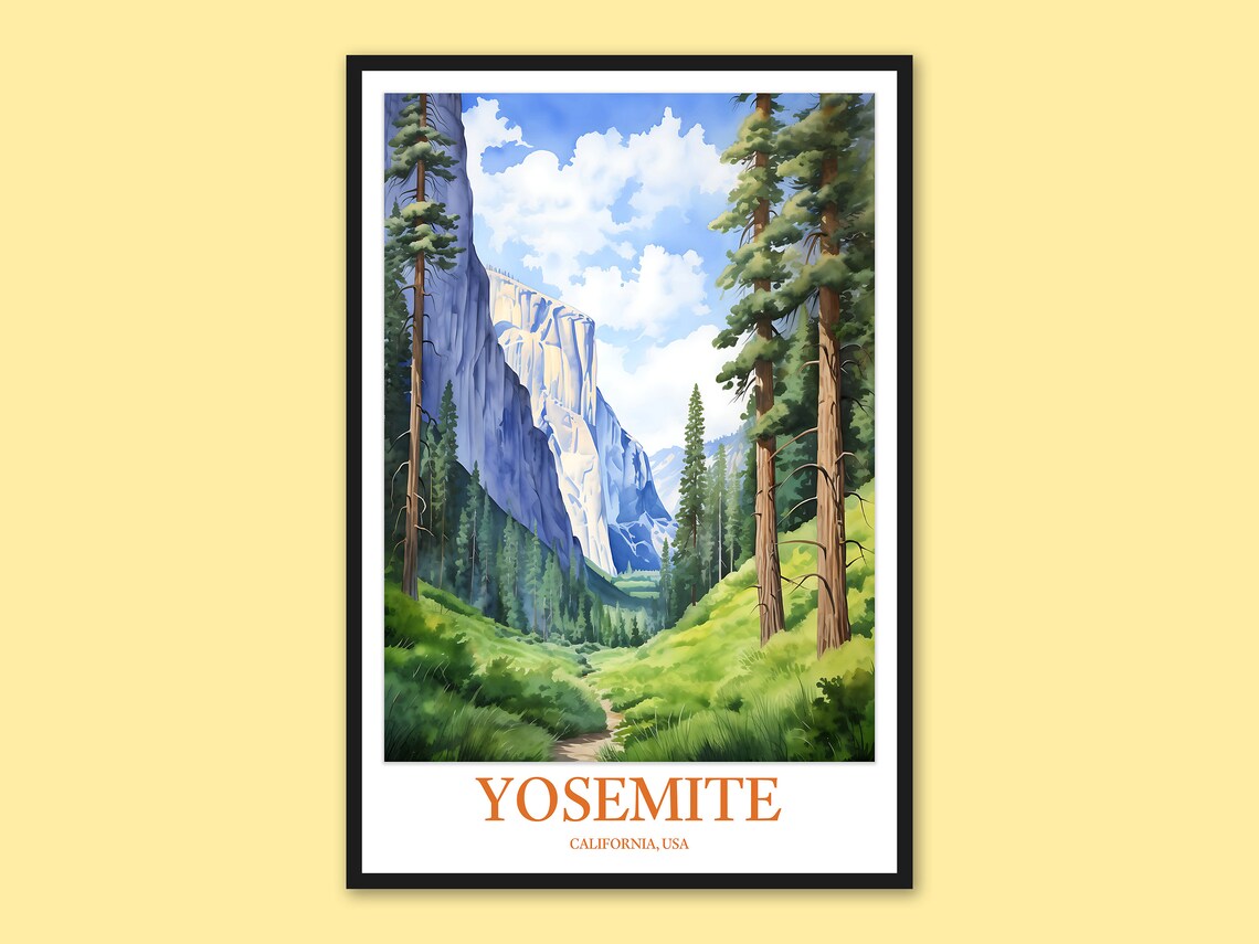 Yosemite El Capitan Towering Cliffs Pine Trail Watercolor Travel Poster