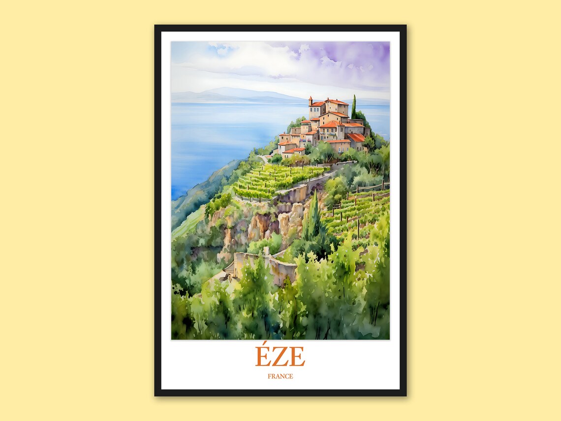 Eze France Clifftop Village Over Sea Watercolor Travel Poster