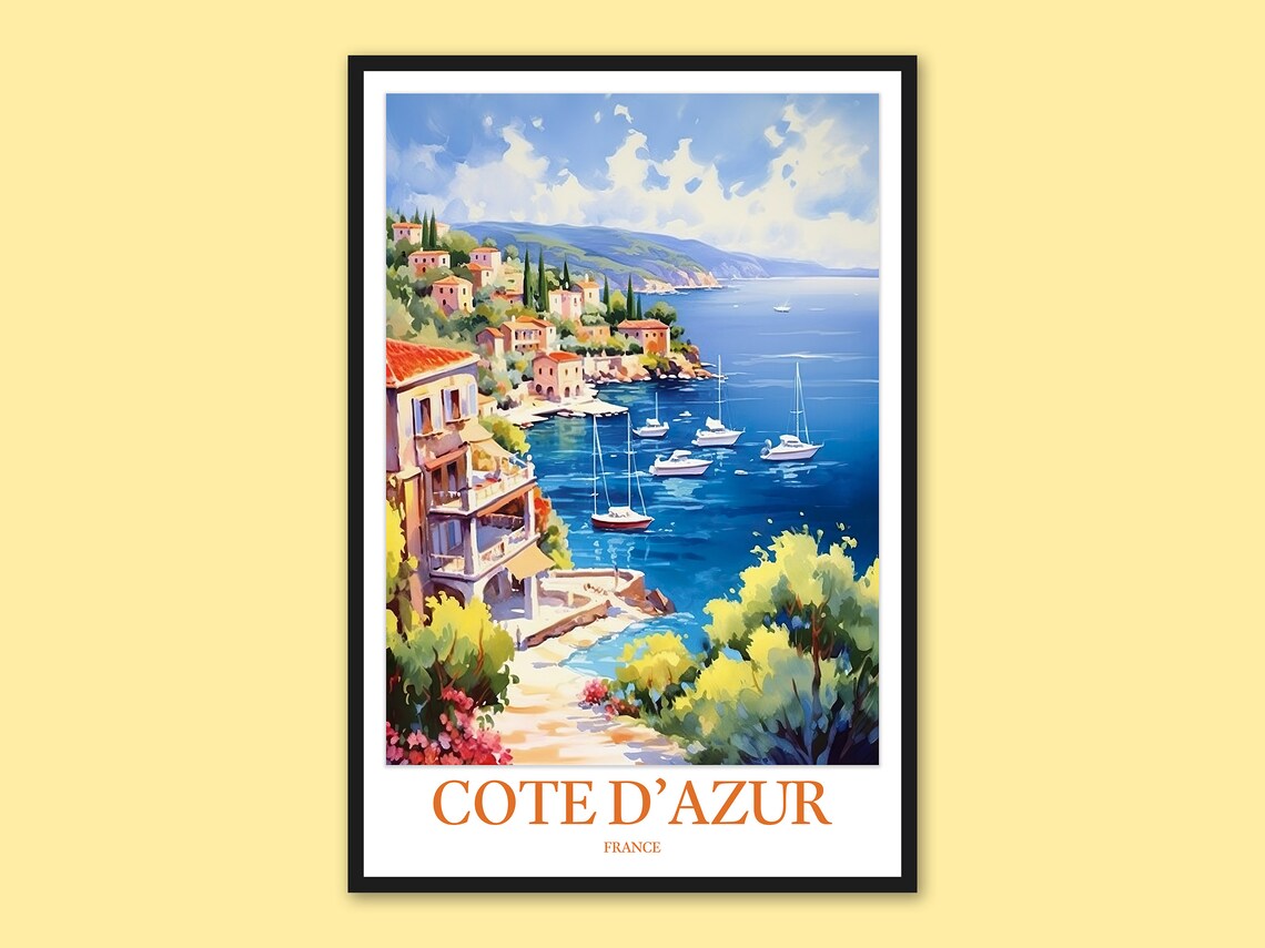 Cote d'Azur French Riviera Coastal Village Watercolor Travel Poster