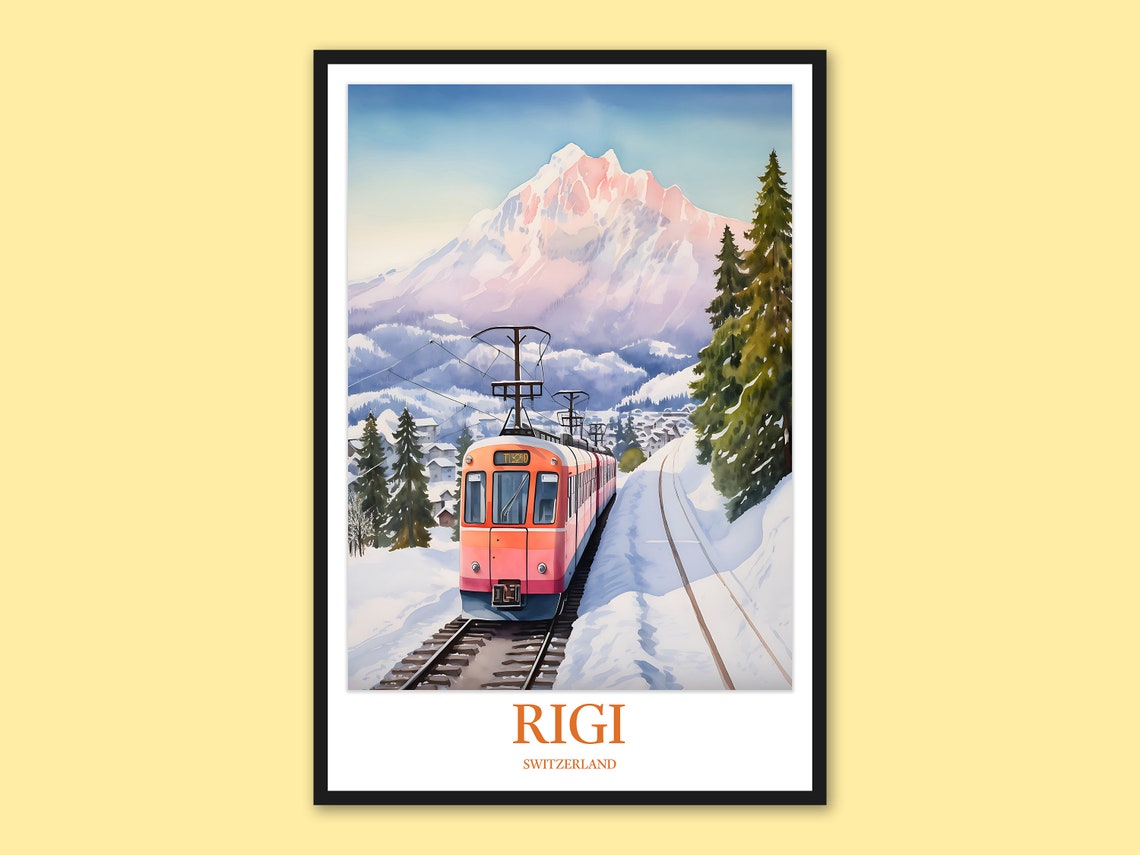 Rigi Switzerland Pink Cogwheel Train Snow Mountain Travel Poster