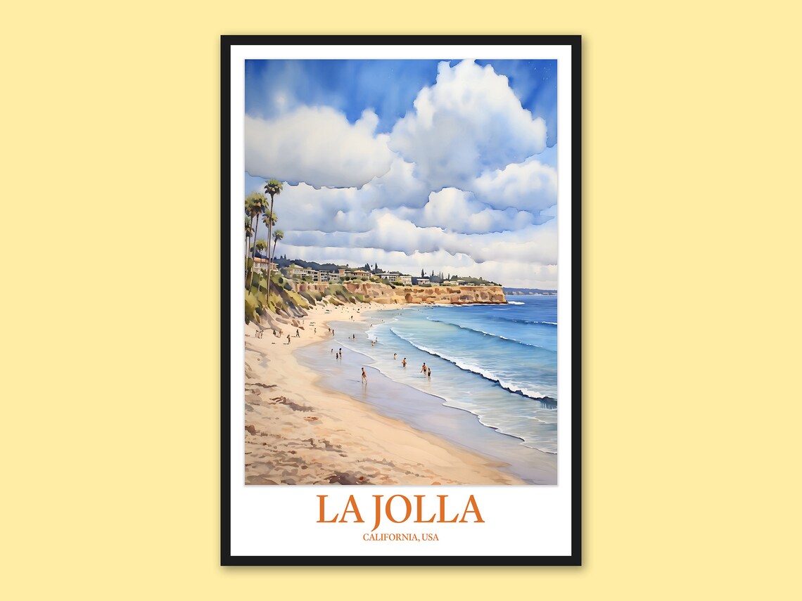 La Jolla California Sunny Beach Day Watercolor Travel Poster for Beach Decor