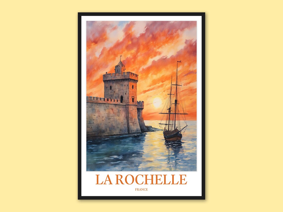 La Rochelle France Harbor Tower Tall Ship Sunset Travel Poster