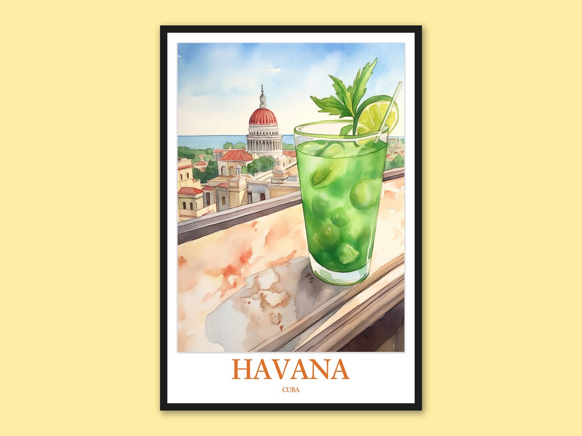 Havana Cuba Mojito Cocktail Watercolor Capitol View Bar Poster Art
