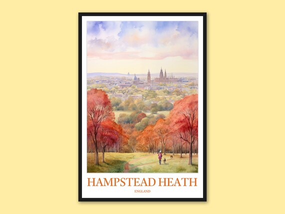 Hampstead Heath London Autumn Red Trees Watercolor Landscape Poster