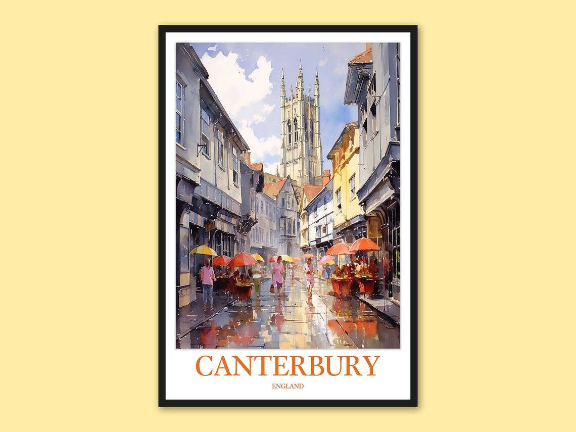 Canterbury England Rainy Street Red Umbrellas Watercolor Poster