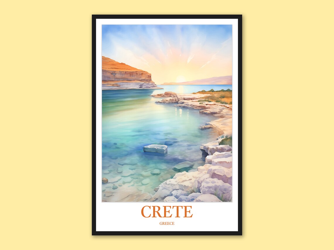 Crete Greece Rocky Cove Lagoon Turquoise Sea Watercolor Travel Poster