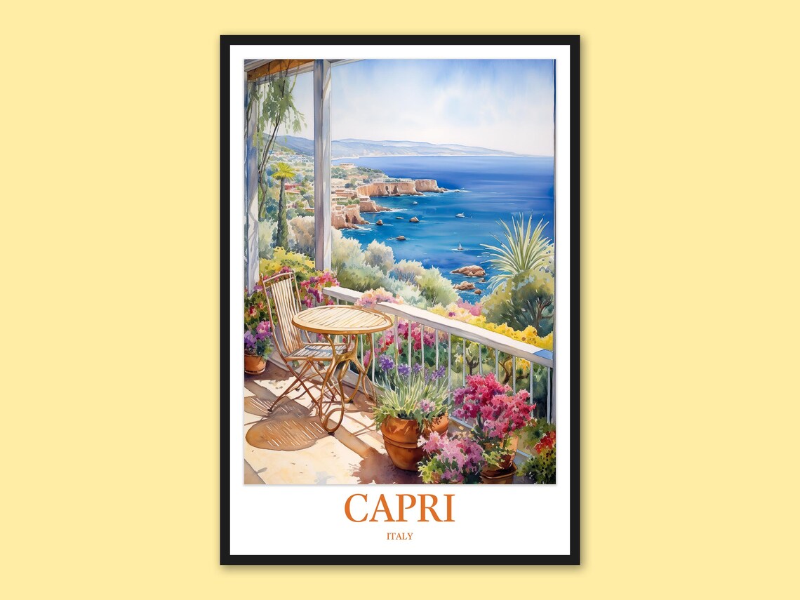 Capri Italy Sea View Balcony Terrace Watercolor Travel Poster