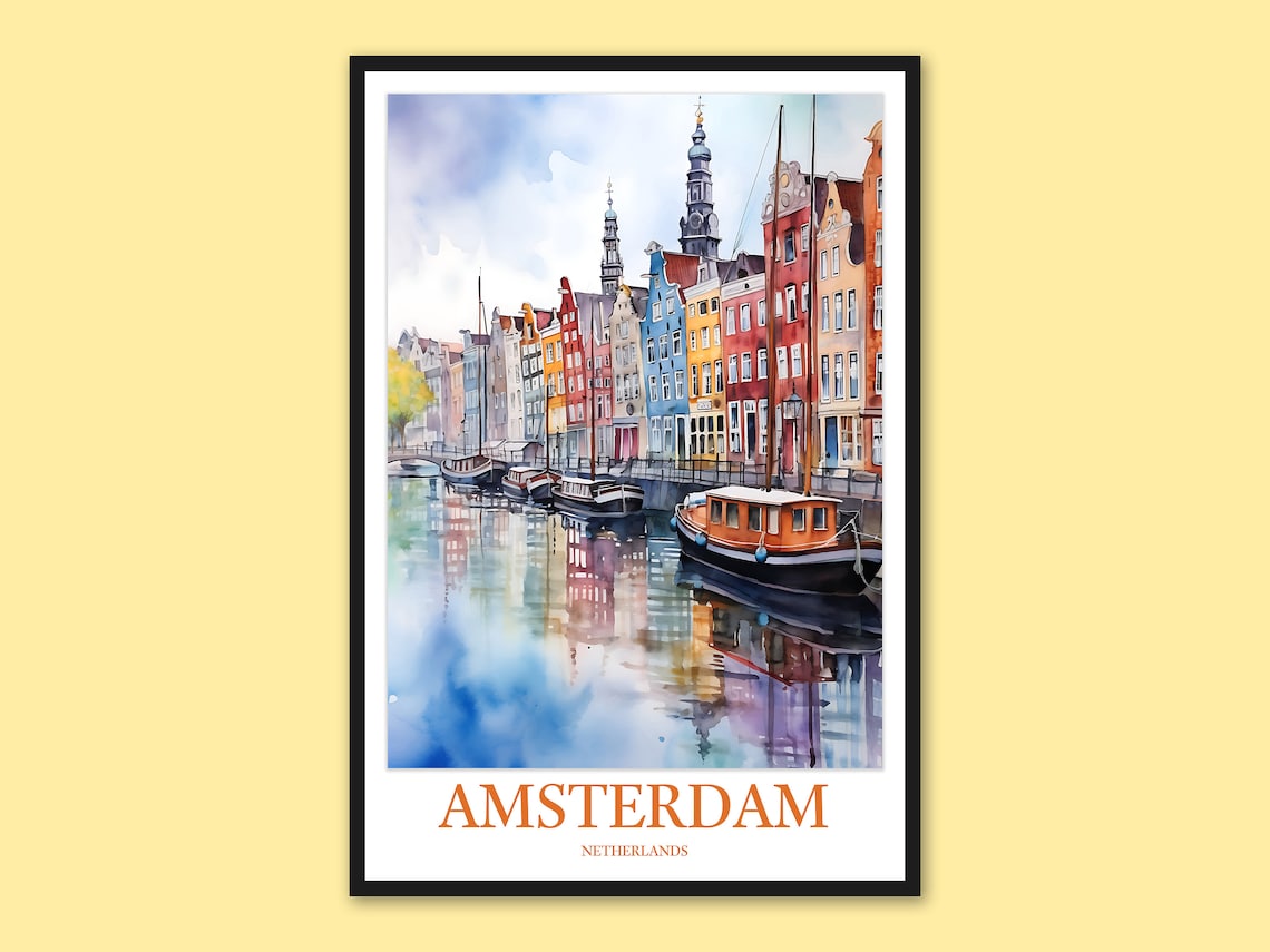 Amsterdam Netherlands Colorful Canal Houses Watercolor Travel Poster