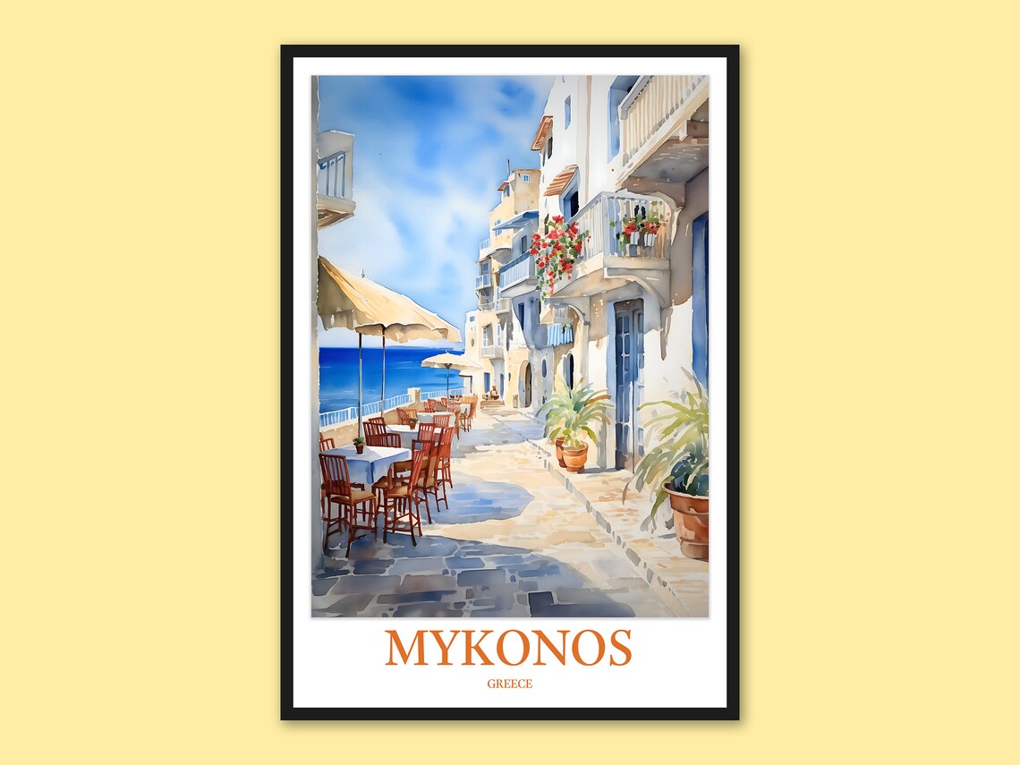 Sunny Mykonos Greece Seaside Café Alley Watercolor Travel Poster
