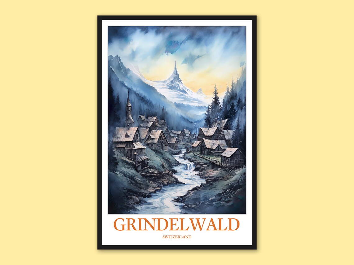 Grindelwald Switzerland Moody Alpine River Village Travel Poster