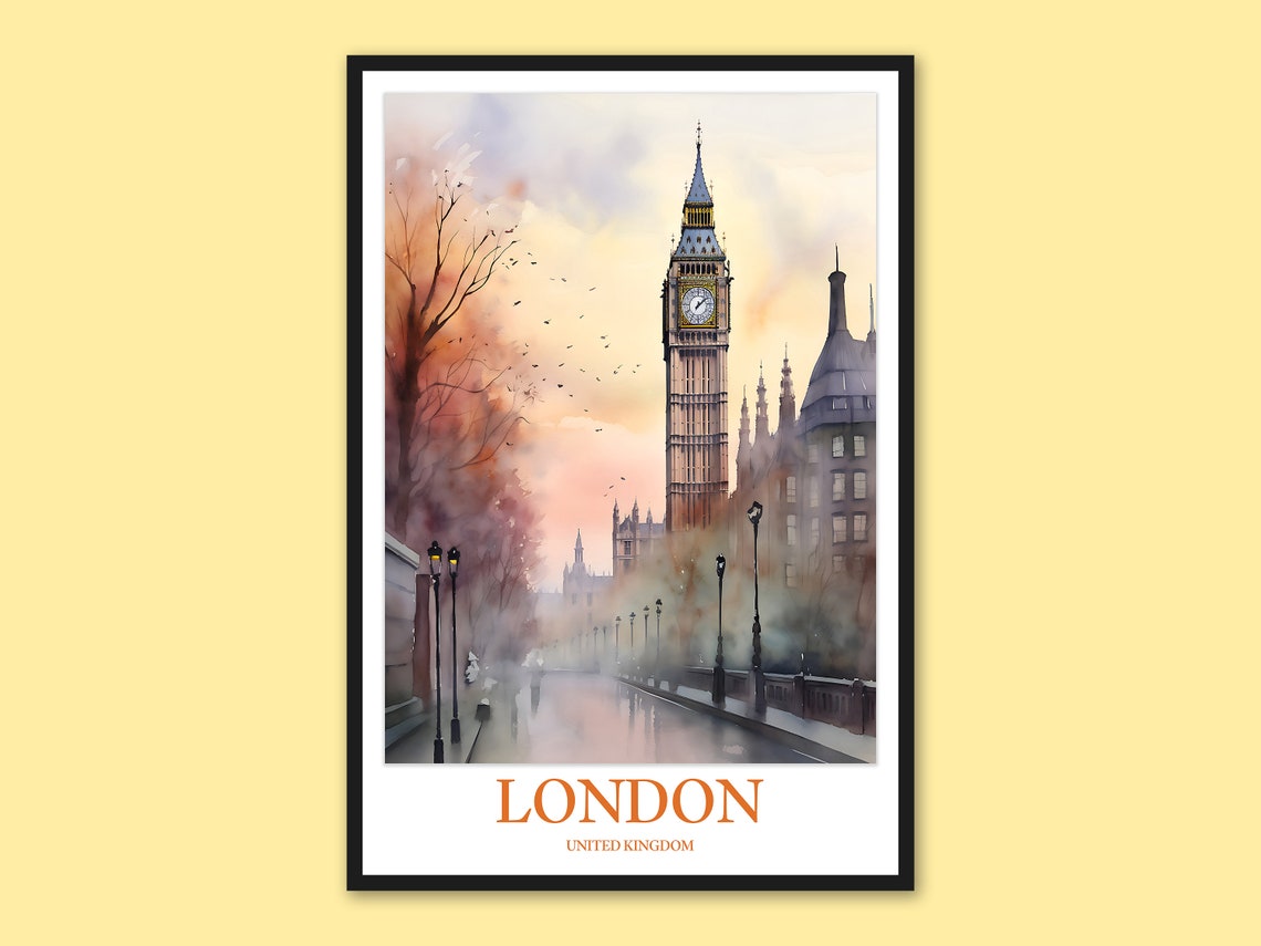 London Big Ben Westminster Street Sunrise Lamps Watercolor Poster