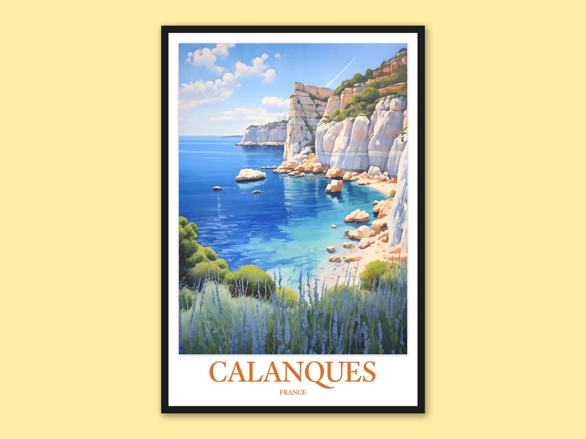 Calanques White Cliffs Turquoise Water Lavender France Travel Poster